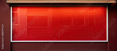 A red sign with empty space hanging on a storefront window, ideal for adding text in the copy space image. photo