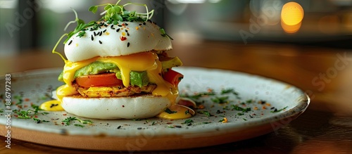 Delicious vegetarian eggs benedict with avocado on a steamed Asian bao bun, with a lovely background for a copy space image. photo