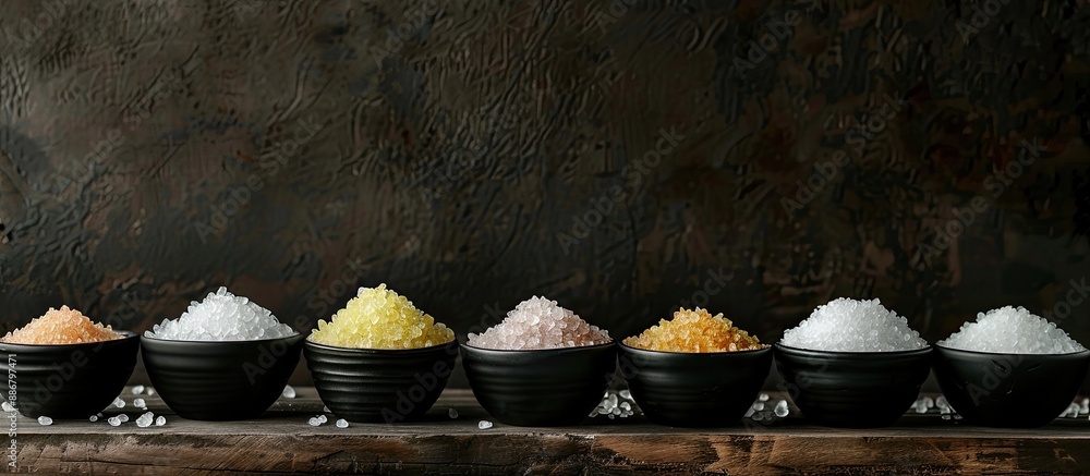 A lineup of bath salts and mineral salts displayed neatly on a dark wooden table, ideal for a copy space image.