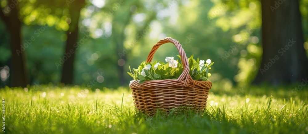 Basket with no items on green grass, blurred background, shallow depth of field, selective focus, copy space image. Basket with no items on green grass, blurred background, shallow depth of field, selective focus, copy space image.