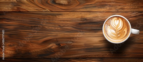 A cup of flat white coffee is placed on a wooden table with ample copy space image.