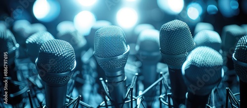 Photographed in the studio with flash light, microphones with wire mesh network provide a copy space image. photo