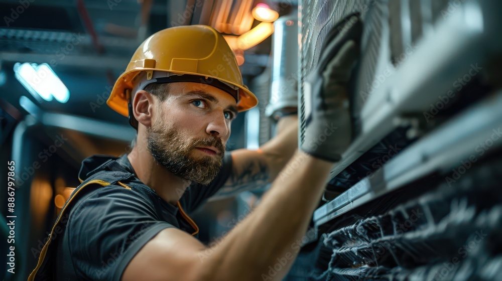 A man in a yellow hard hat is working on a piece of equipment A man in a yellow hard hat is working on a piece of equipment