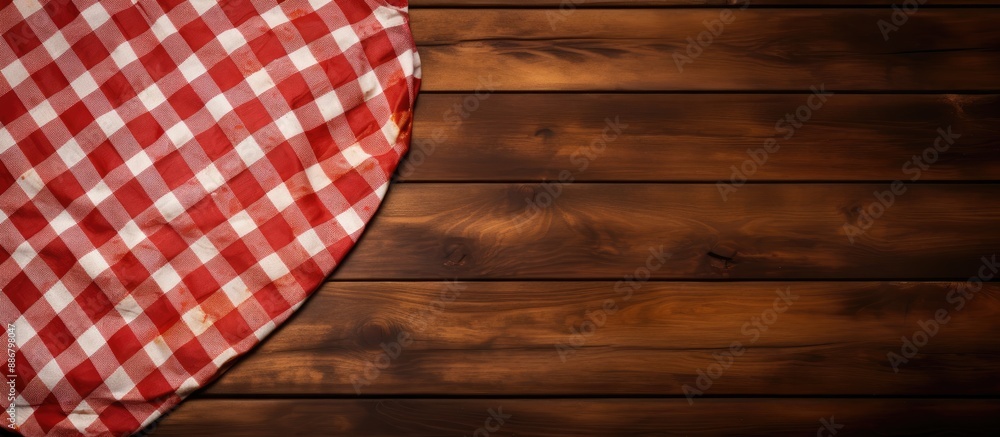 Obraz premium Wooden table backdrop with checkered napkin, suitable for promoting pizza and food items with copy space image.