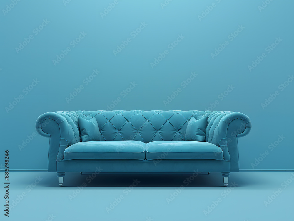 Fototapeta premium Blue luxury soft comfortable sofa on a blue plain background. Neural network AI generated art