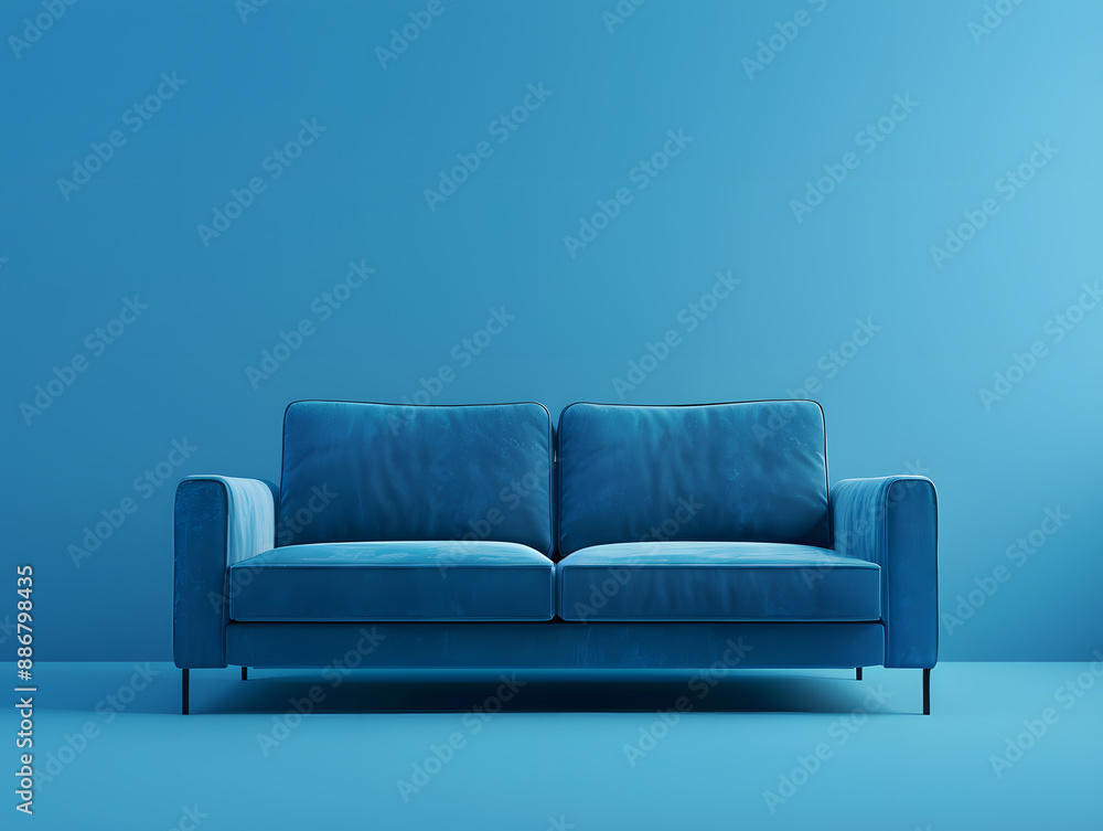Blue luxury soft comfortable sofa on a blue plain background. Neural network AI generated art Blue luxury soft comfortable sofa on a blue plain background. Neural network AI generated art