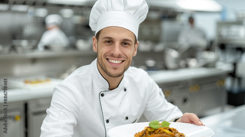 Chef smiling while preparing a gourmet dish in a professional kitchen representing culinary excellence and creativity in cooking Portrait, Realistic Photo, High resolution, Half-body picture, , Chef smiling while preparing a gourmet dish in a professional kitchen representing culinary excellence and creativity in cooking Portrait, Realistic Photo, High resolution, Half-body picture, ,