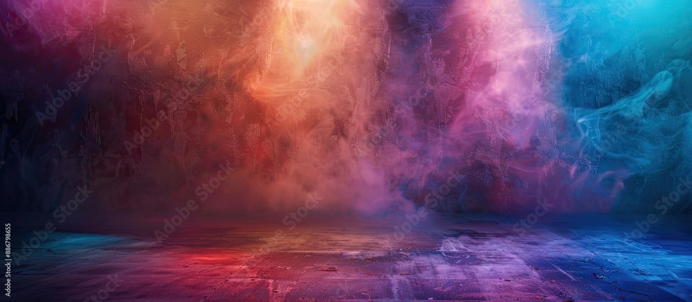 Smoke and colored spotlights create an abstract, blurry concrete background with a copy space image. Smoke and colored spotlights create an abstract, blurry concrete background with a copy space image.