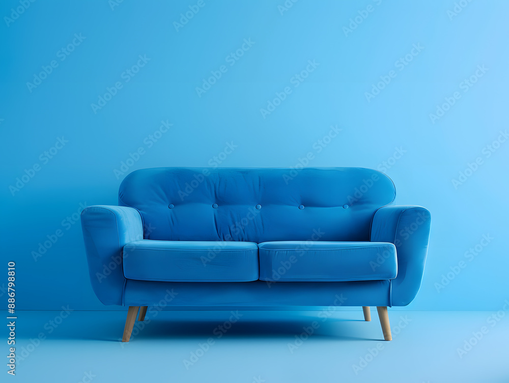 Fototapeta premium Blue luxury soft comfortable sofa on a blue plain background. Neural network AI generated art