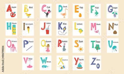 English alphabet with pictures for each letter. Vector illustration.