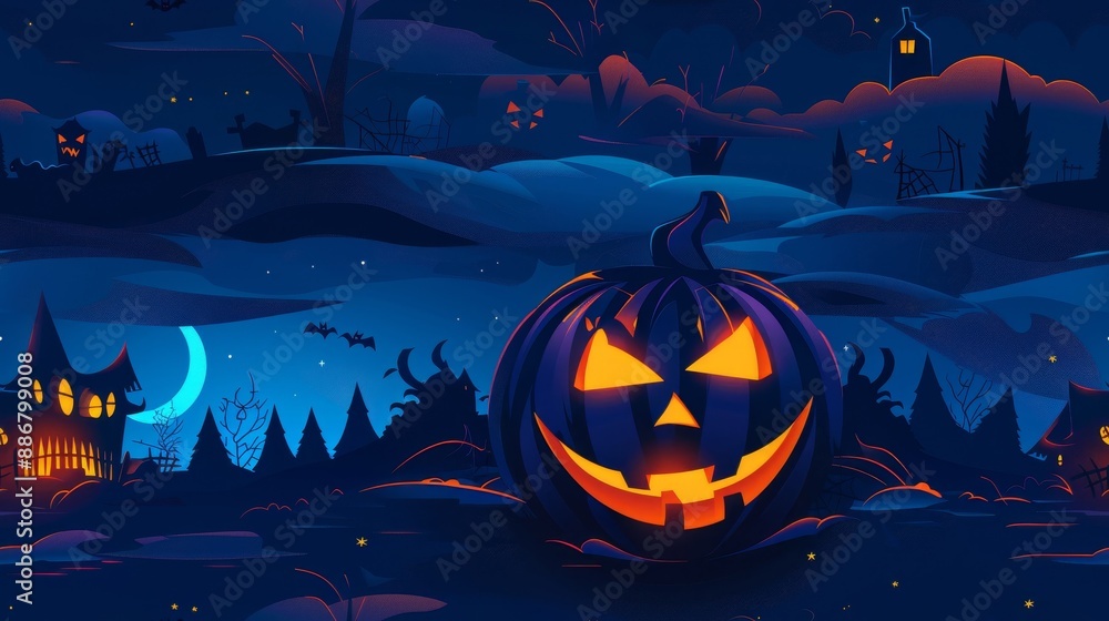 Fototapeta premium Spooky Halloween night scene with glowing Jack-o'-lantern, haunted houses, full moon, and silhouettes of trees in the background.