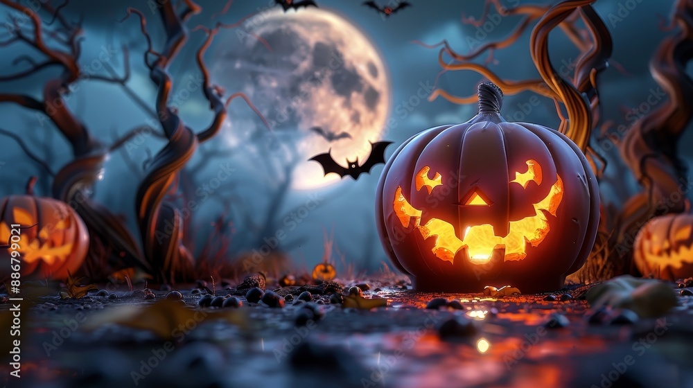 Naklejka premium Spooky Halloween night with glowing jack-o'-lanterns, full moon, and eerie trees. Perfect for Halloween and autumn-themed designs.