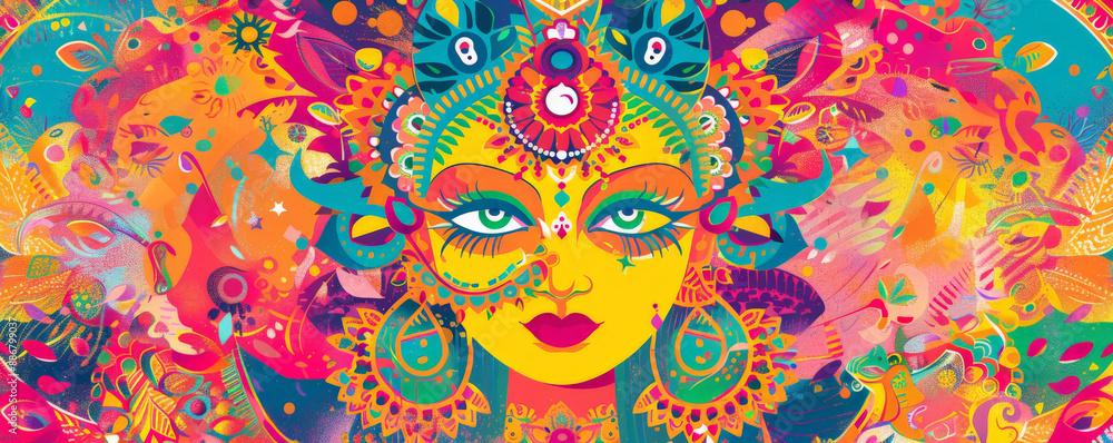 Fototapeta A vibrant illustration of the festival of Navratri, with Goddess Durga depicted in her nine forms, each with unique attributes and symbols. The background is filled with festive decorations and