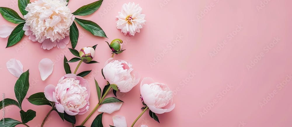 Peony flowers and green leaves arranged on a soft pink backdrop create a greeting card theme featuring a copy space image. Peony flowers and green leaves arranged on a soft pink backdrop create a greeting card theme featuring a copy space image.