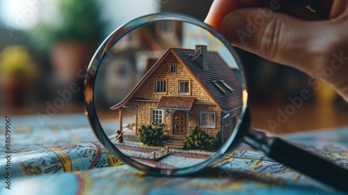 A hand is holding a magnifying glass over a map of a house