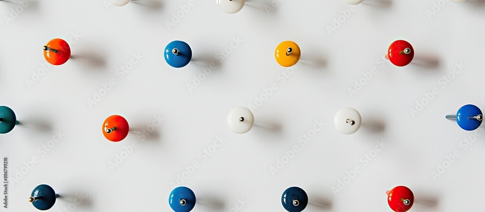 Various colored pushpins on a blank white backdrop with copy space image. Various colored pushpins on a blank white backdrop with copy space image.