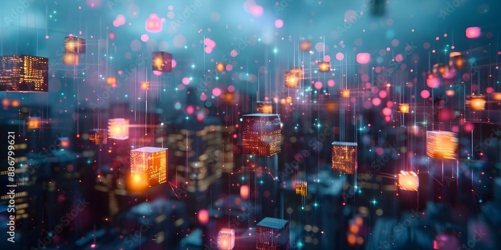 Obraz premium Digital cityscape with glowing cubes symbolizing blockchain cryptocurrency and metaverse concepts. Concept Blockchain Technology, Cryptocurrency, Metaverse, Digital Art, Cityscape
