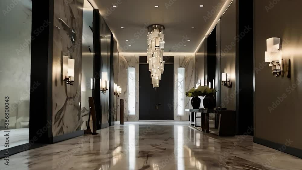 Elegant Entryway with Marble Flooring, a Crystal Chandelier, and Wall Sconces Elegant Entryway with Marble Flooring, a Crystal Chandelier, and Wall Sconces