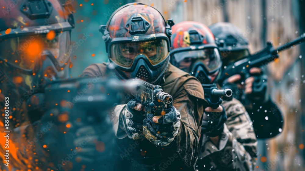 Obraz premium group of people playing paintball with helmet and gun
