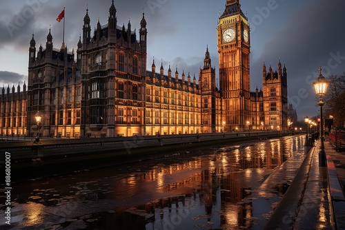 Obraz na płótnie Parliament and Big Ben houses in London with Cloudy in Fundo, generative IA w salonie