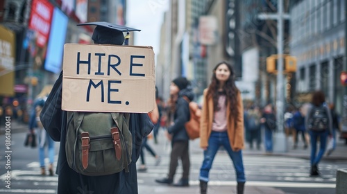 Wallpaper Mural student wearing a graduation gown and a cap, young teenage girl standing on a city street and holding hire me sign Looking for a job with a degree, career after college Torontodigital.ca