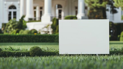 A blank white yard sign stands on a pristine lawn in front of a large house, ready for a message or announcement