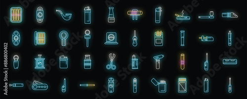 Cigarette and cigar accessories icons set outline vector. Box cutter. Pack burn neon color on black