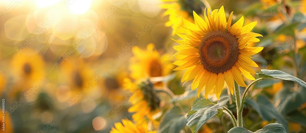 Fototapeta premium Helianthus, commonly known as sunflowers, are blooming in the garden, creating a vibrant and picturesque scene with a copy space image.