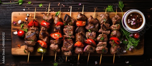 Skewers of meat with sauce displayed on a wooden cutting board creating a tantalizing summer party meal, captured in an enticing view from above in a copy space image. photo