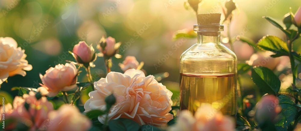 A bottle with a fresh rose de mai flowers essential oil, perfect for aromatherapy, with a picturesque background serving as a copy space image. A bottle with a fresh rose de mai flowers essential oil, perfect for aromatherapy, with a picturesque background serving as a copy space image.