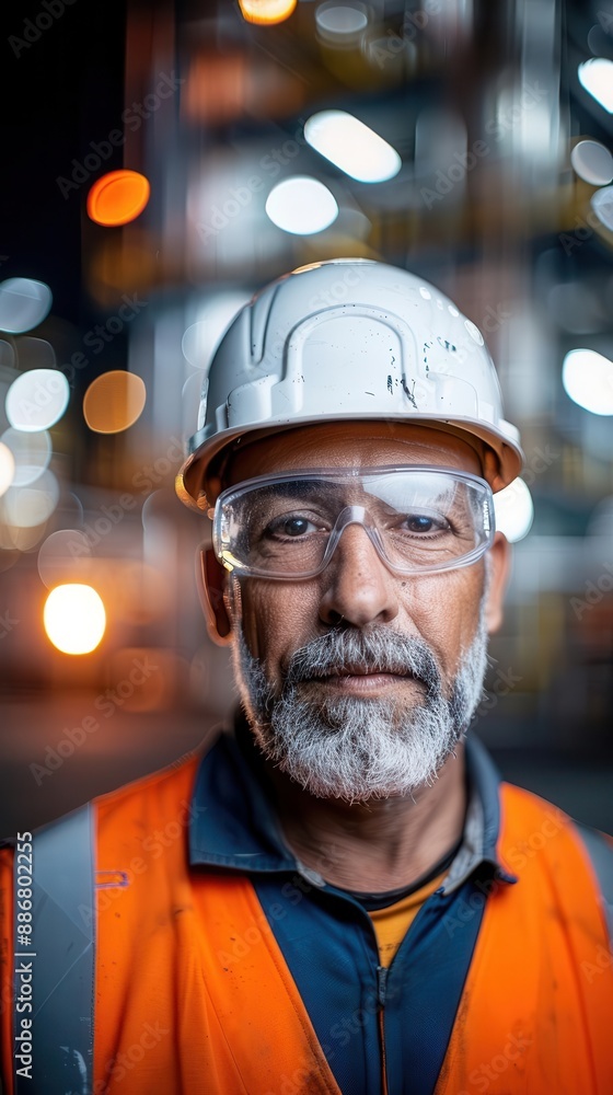 Close-up portrait of a construction worker wearing safety glasses and a hard hat. Close-up portrait of a construction worker wearing safety glasses and a hard hat.