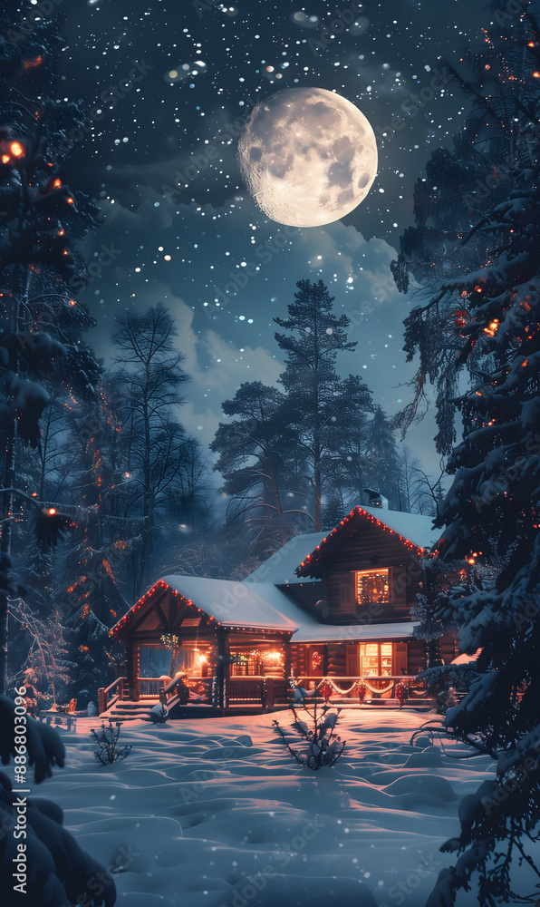 Enchanting Winter Night at a Cozy Snow-Covered Cabin Under a Full Moon Enchanting Winter Night at a Cozy Snow-Covered Cabin Under a Full Moon