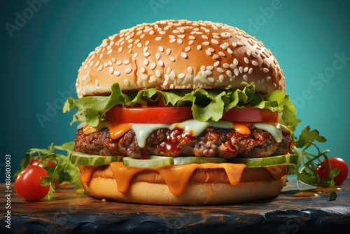 Fast food standard plastic hamburger on a blue mint background. modern style is, generative IA photo