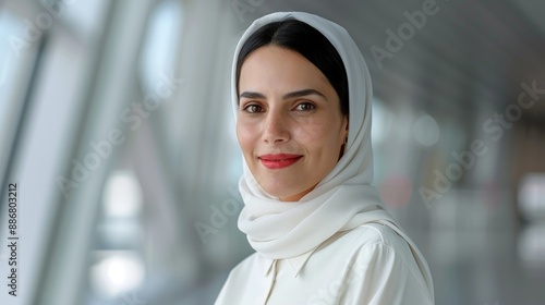 Arab businesswoman smiling while holding a meeting in a stylish office representing corporate leadership and confidence Portrait, Realistic Photo, High resolution, Half-body picture, Minimalism,