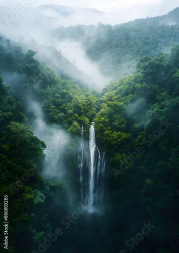 Enchanting Waterfalls Surrounded by Lush Greenery and Mist