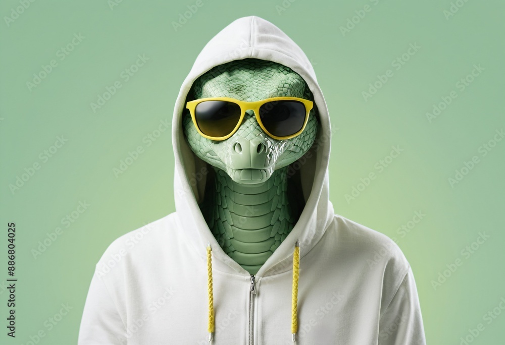 Cool snake wearing white hoodies and sunglasses on light pastel green background. Cozy hippie or fashion rapper style. New Year of the Snake 2025. Humanization concept. With copy space. Cool snake wearing white hoodies and sunglasses on light pastel green background. Cozy hippie or fashion rapper style. New Year of the Snake 2025. Humanization concept. With copy space.