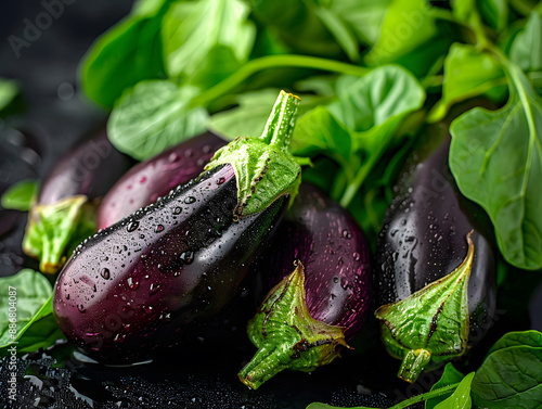 Ripe eggplants in droplets of water with green leaves. Neural network AI generated art photo