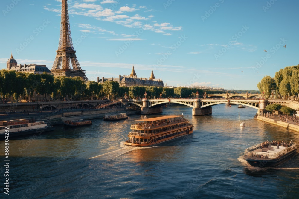 Eiffel Tour about the waters of the Sena River on Summer Day, Paris, France, generative IA
