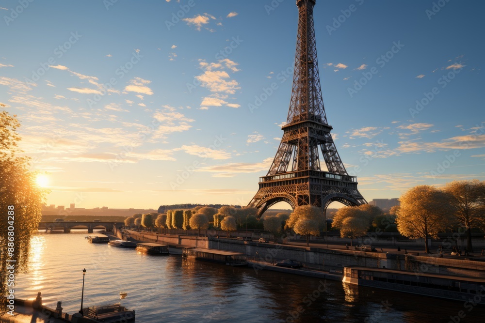 Fototapeta premium Eiffel Tower at sunset in Paris France Romantic Travel background, generative IA