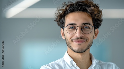 Arab software developer smiling while collaborating on a project in a tech company representing innovation and teamwork Portrait, Realistic Photo, High resolution, Half-body picture, Minimalism,