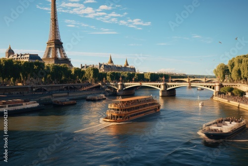 Eiffel Tour about the waters of the Sena River on Summer Day, Paris, France, generative IA