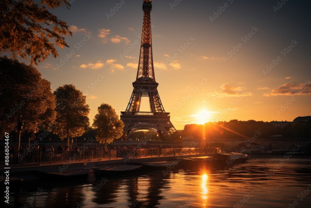 Naklejka premium Eiffel Tower and Paris Cityscape on Autumn Day, France, generative IA