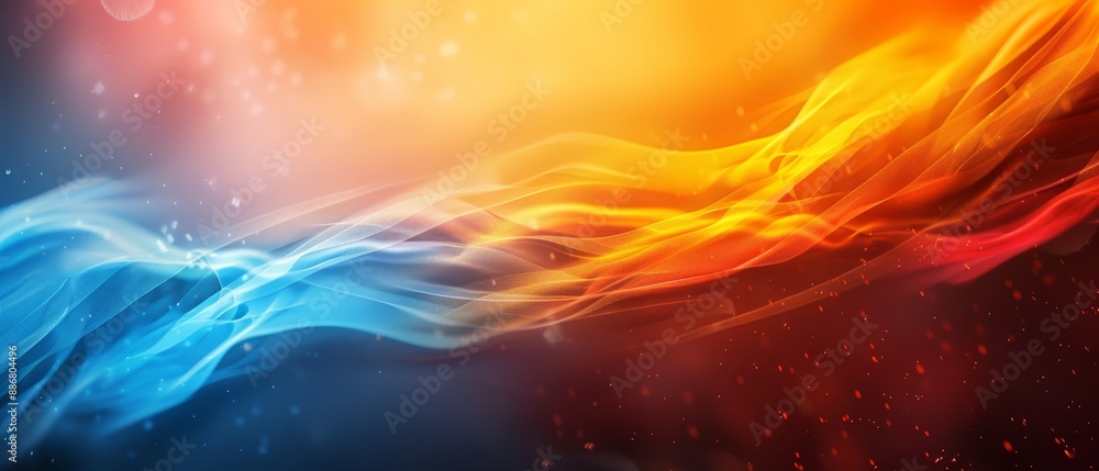 A tight shot of a multicolored wave against a backdrop of blue, yellow, red, and orange hues A tight shot of a multicolored wave against a backdrop of blue, yellow, red, and orange hues