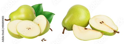 Fotografía Green pear fruit with slices isolated on white background with full depth of fie
