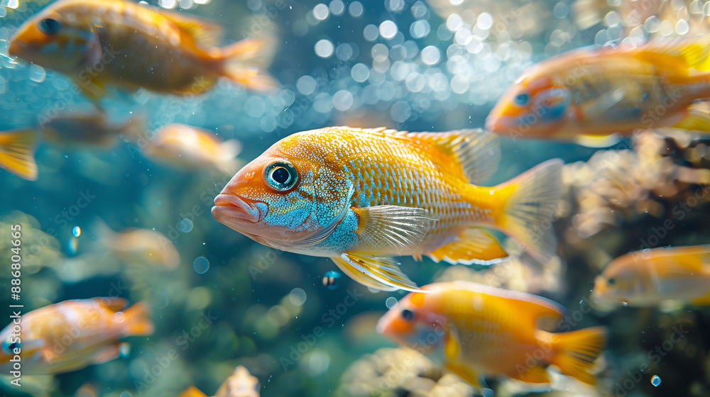 Serene Close-up of Colorful Fish Swimming in Clear Water Tank at Fish Farm with Copy Space on Right Side Serene Close-up of Colorful Fish Swimming in Clear Water Tank at Fish Farm with Copy Space on Right Side