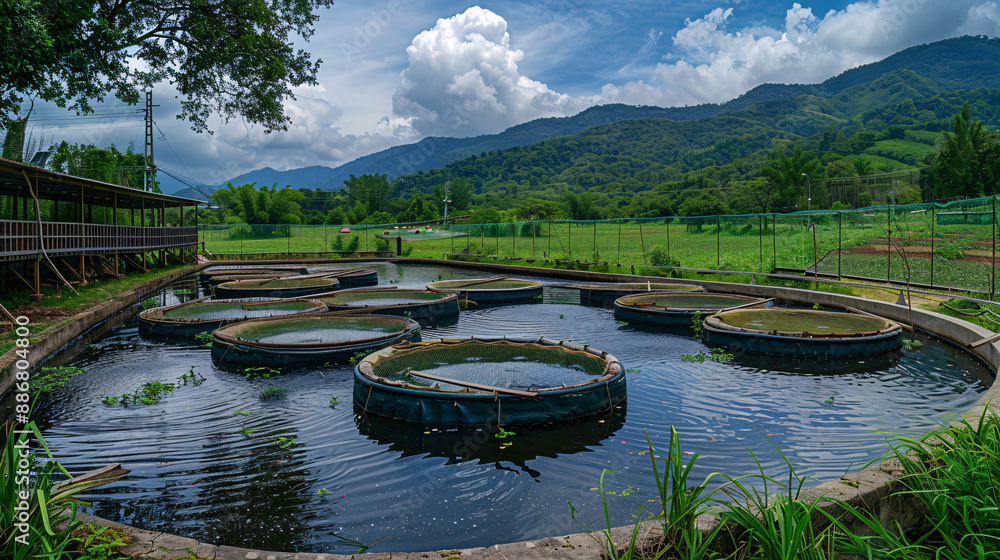 Fototapeta premium Serene Outdoor Fish Farming Setup with Multiple Ponds and Lush Greenery, Copy Space on the Left
