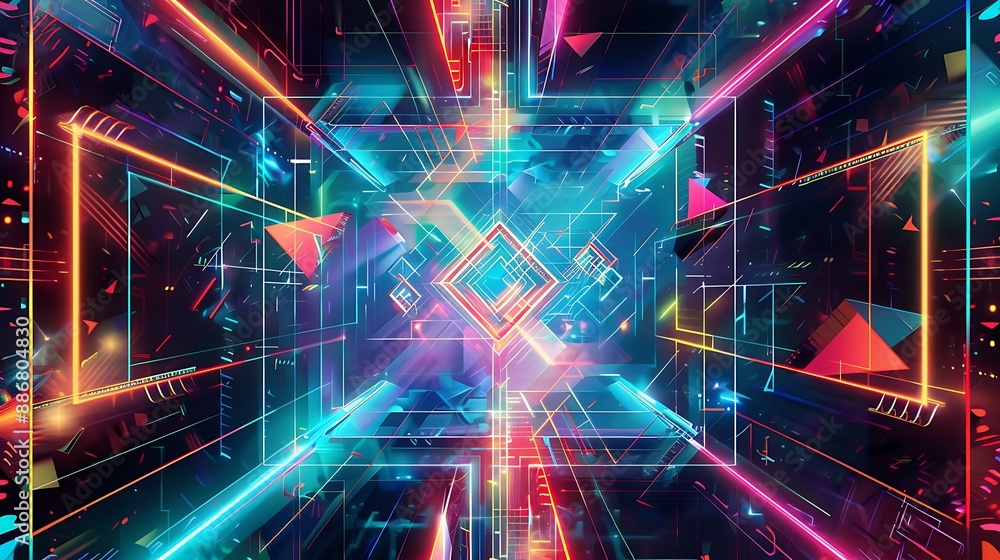 A visually striking illustration of geometric patterns and structures in colorful neon lights, set against a dark, futuristic cyberspace background A visually striking illustration of geometric patterns and structures in colorful neon lights, set against a dark, futuristic cyberspace background