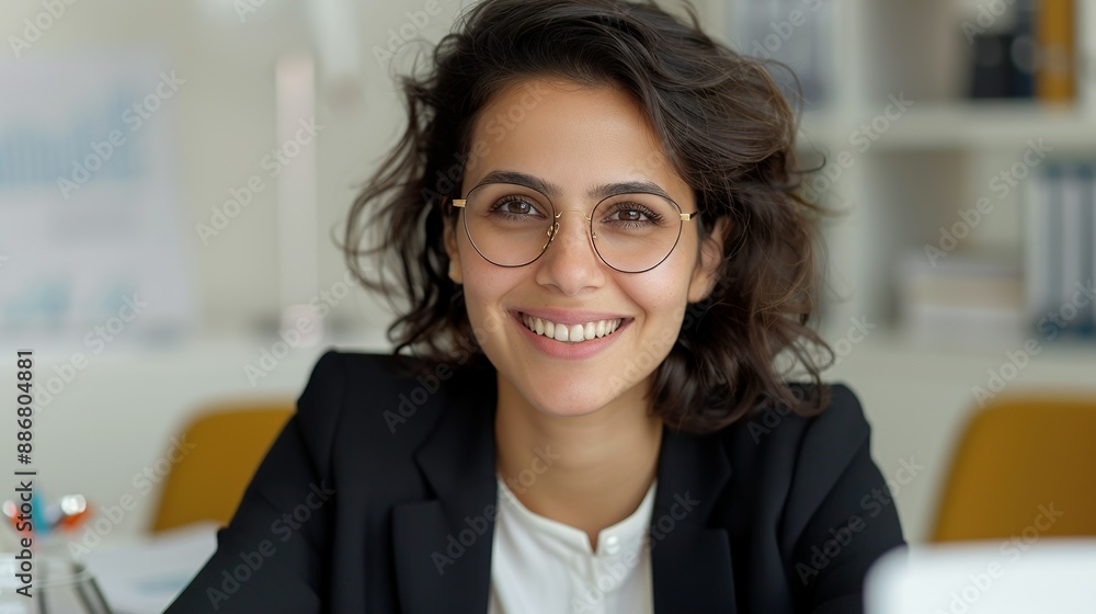 Indian businesswoman smiling while working on financial reports in a sleek office representing corporate expertise and confidence Portrait, Realistic Photo, High resolution, Half-body picture, Indian businesswoman smiling while working on financial reports in a sleek office representing corporate expertise and confidence Portrait, Realistic Photo, High resolution, Half-body picture,
