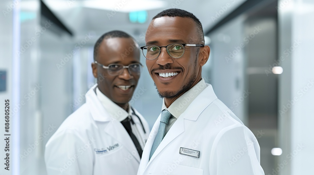 African doctor smiling while consulting with a patient in a modern clinic representing medical knowledge and compassion Portrait, Realistic Photo, High resolution, Half-body picture, Minimalism, African doctor smiling while consulting with a patient in a modern clinic representing medical knowledge and compassion Portrait, Realistic Photo, High resolution, Half-body picture, Minimalism,