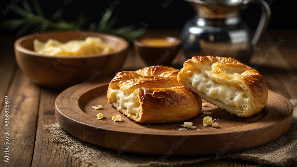 cheese danish served aesthetically in a wooden plate and table cheese danish served aesthetically in a wooden plate and table